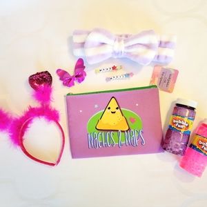 New! Girls Gift Set! Furry 💗 Headband, Hair Accessories & Small Cosmetic Bag